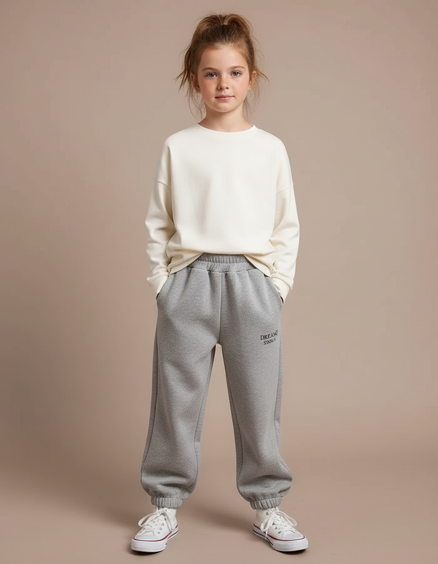 Pantalon Gris Jogging Molletonné Brodé Enfant Décontracté