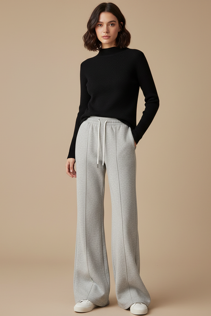 Pantalon Gris Évasé Taille Haute Décontracté Femme - Molleton