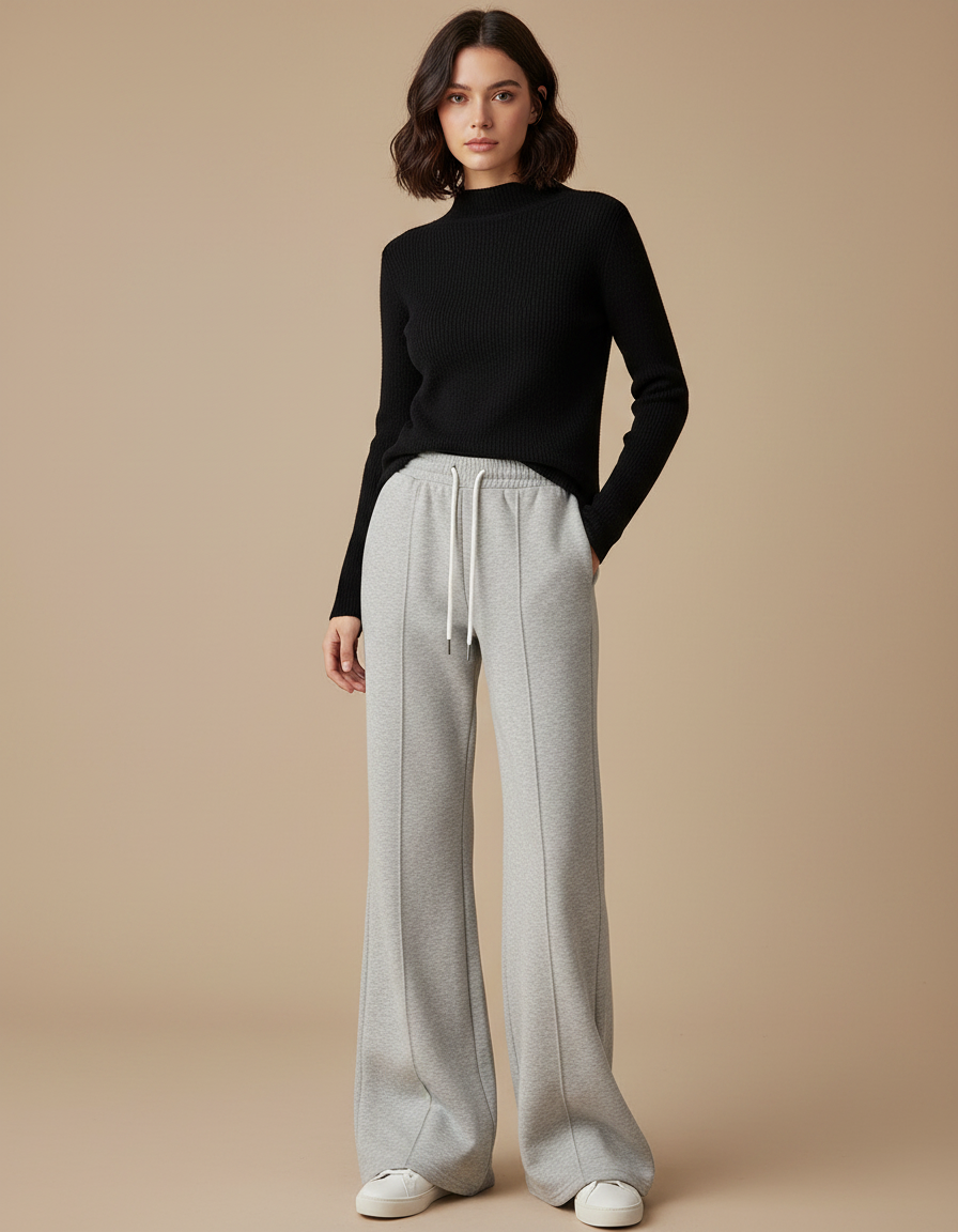 Pantalon Gris Évasé Taille Haute Décontracté Femme - Molleton