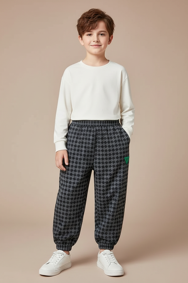 Pantalon Gris Carreaux Élastique Cheville Garçon - Molleton
