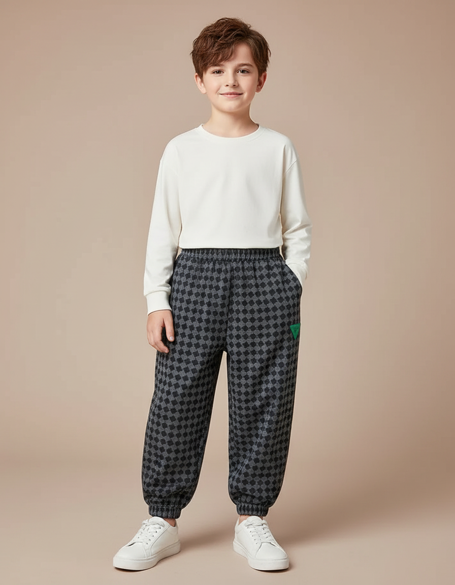 Pantalon Gris Carreaux Élastique Cheville Garçon - Molleton