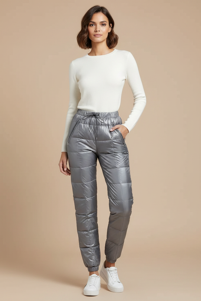 Pantalon Gris Matelassé Brillant Chaud Hiver Femme - Argenté Polyester