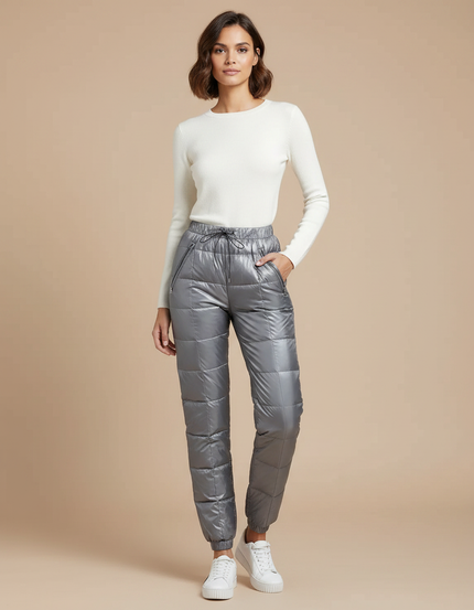 Pantalon Gris Matelassé Brillant Chaud Hiver Femme - Argenté Polyester