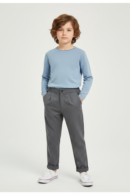 Pantalon Gris Décontracté Plissé Garçon Chevrons - Tweed