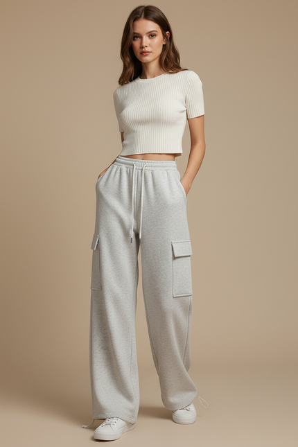 Pantalon Gris Molletonné Cargo Décontracté Femme Ample