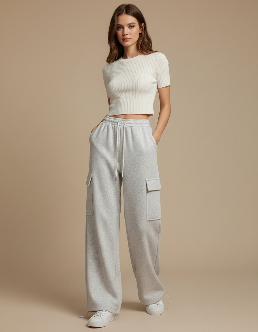 Pantalon Gris Molletonné Cargo Décontracté Femme Ample