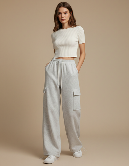 Pantalon Gris Molletonné Cargo Décontracté Femme Ample