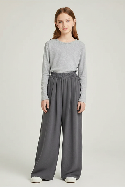 Pantalon Gris Ample Fluide Taille Haute Fille - Viscose