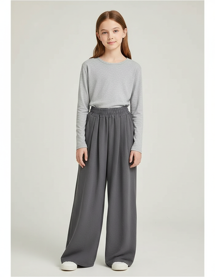Pantalon Gris Ample Fluide Taille Haute Fille - Viscose