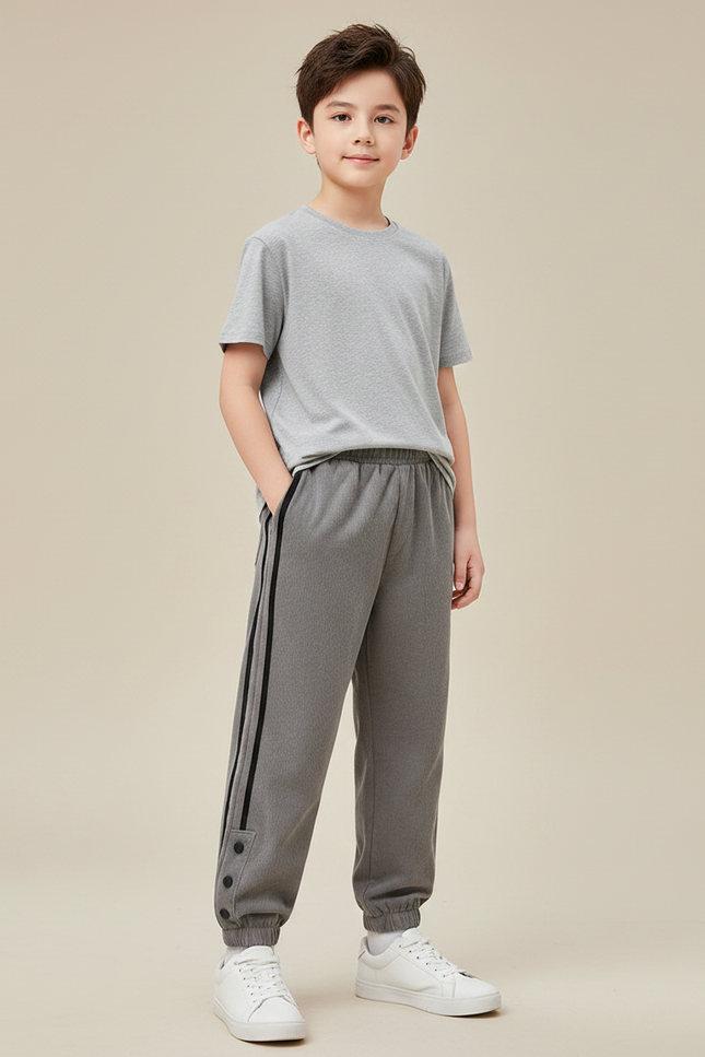 Pantalon Gris Sport Enfant Rayures Boutons Coton - Molleton