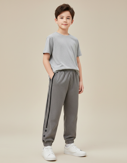 Pantalon Gris Sport Enfant Rayures Boutons Coton - Molleton