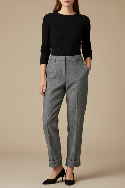 Pantalon Gris Coupe Droite Laine Élégant Femme - Tweed