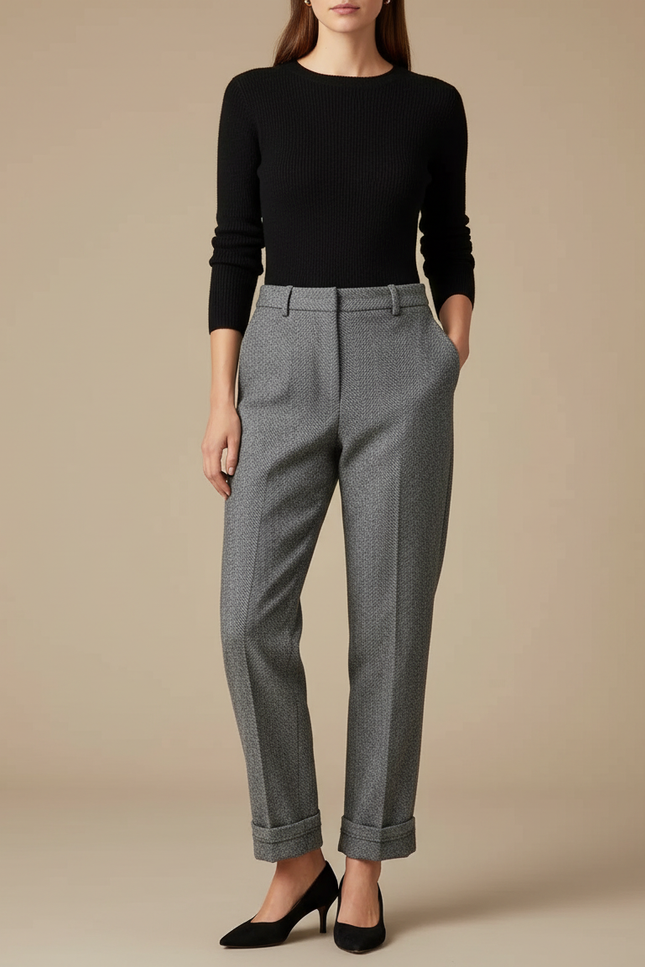 Pantalon Gris Coupe Droite Laine Élégant Femme - Tweed