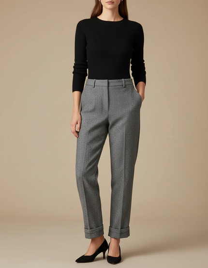 Pantalon Gris Coupe Droite Laine Élégant Femme - Tweed