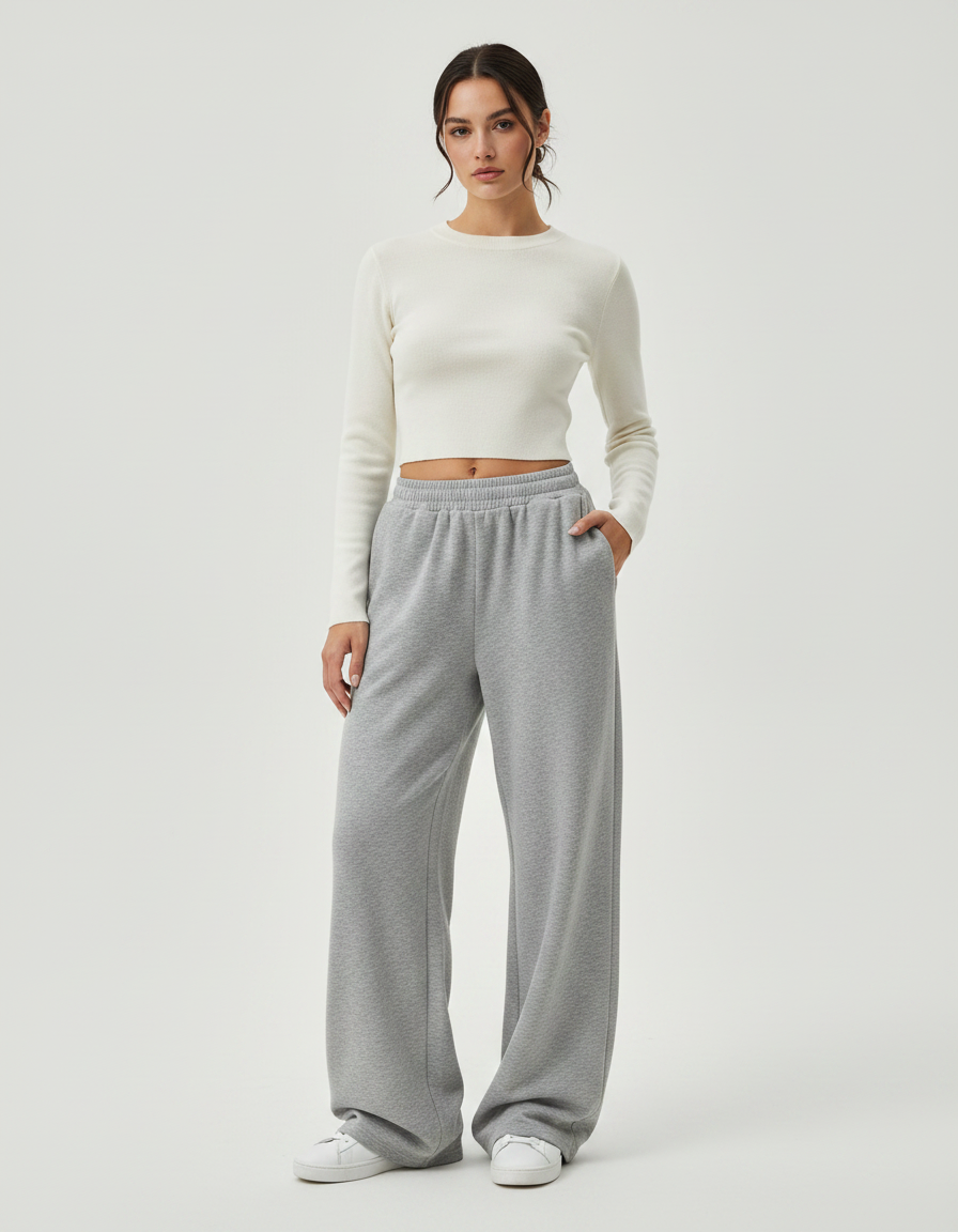 Pantalon Gris Ample Décontracté Confortable Cordon Elastiqué - Molleton