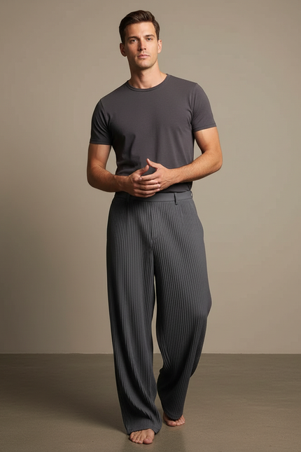 Pantalon Gris Plissé Ample Décontracté Homme Élégant - Polyester