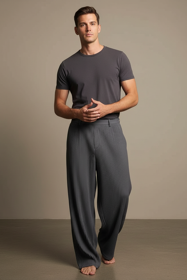 Pantalon Gris Plissé Ample Décontracté Homme Élégant - Polyester