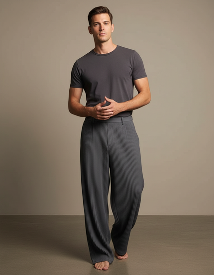 Pantalon Gris Plissé Ample Décontracté Homme Élégant - Polyester