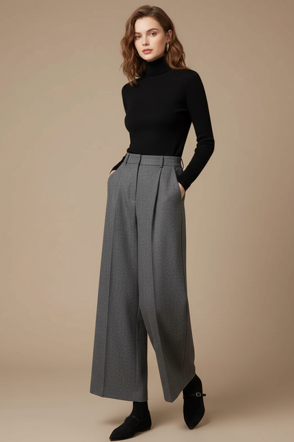Pantalon Gris Laine Large Plissé Élégant Femme