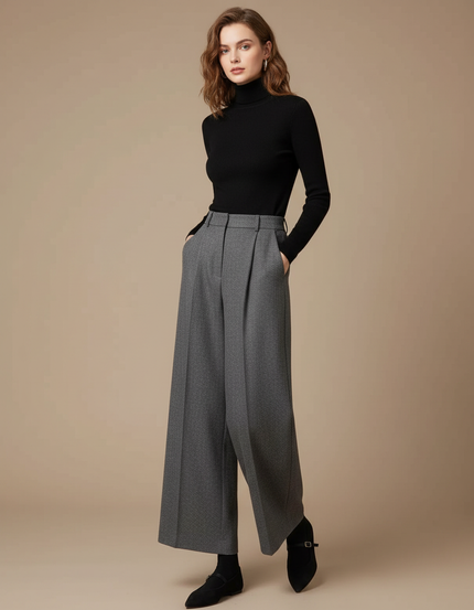 Pantalon Gris Laine Large Plissé Élégant Femme