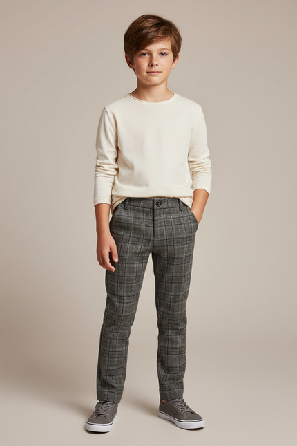 Pantalon Gris Plaid Garçon Coton Décontracté - Tweed