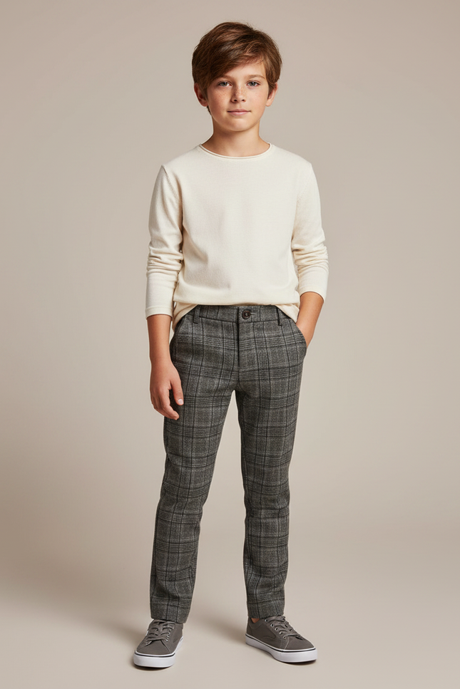 Pantalon Gris Plaid Garçon Coton Décontracté - Tweed
