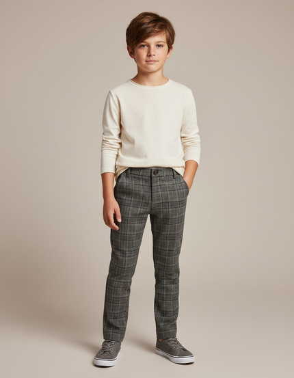 Pantalon Gris Plaid Garçon Coton Décontracté - Tweed