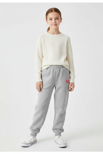 Pantalon Gris Molletonné Cœur Décontracté Enfant