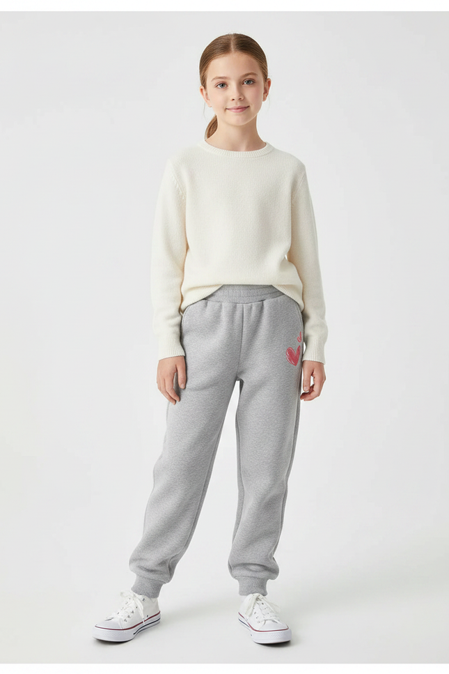 Pantalon Gris Molletonné Cœur Décontracté Enfant