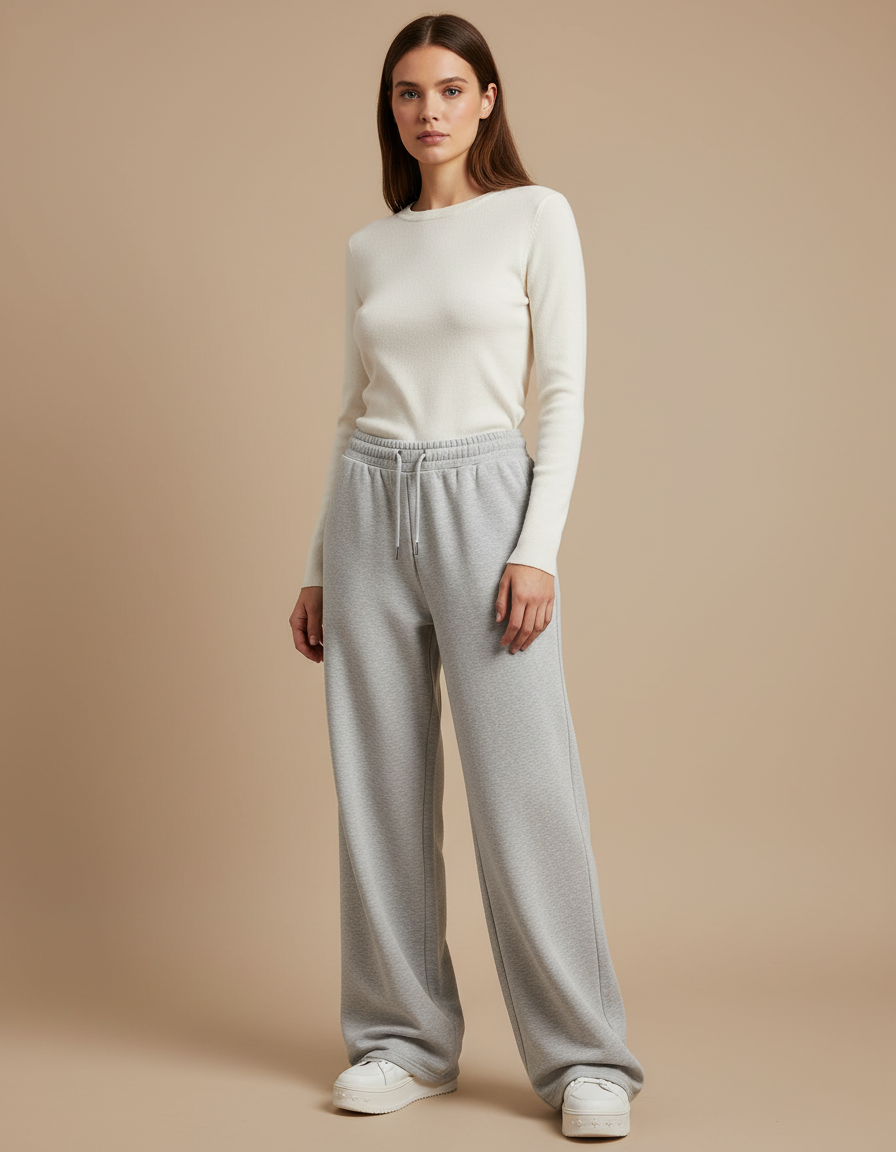 Pantalon Gris Large Molletonné Confortable Décontracté