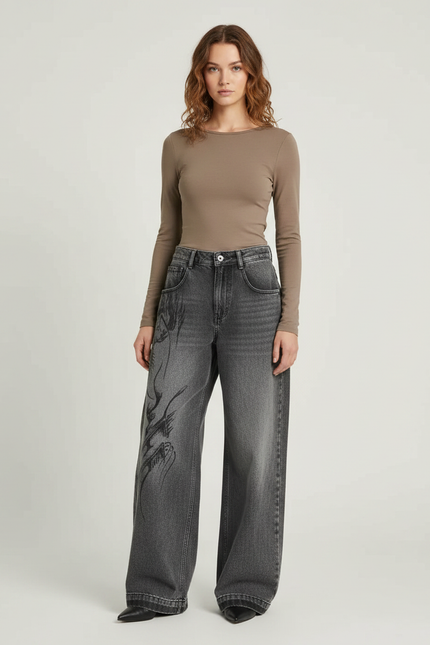 Pantalon Gris Jean Large Délavé Imprimé Gothique Y2K
