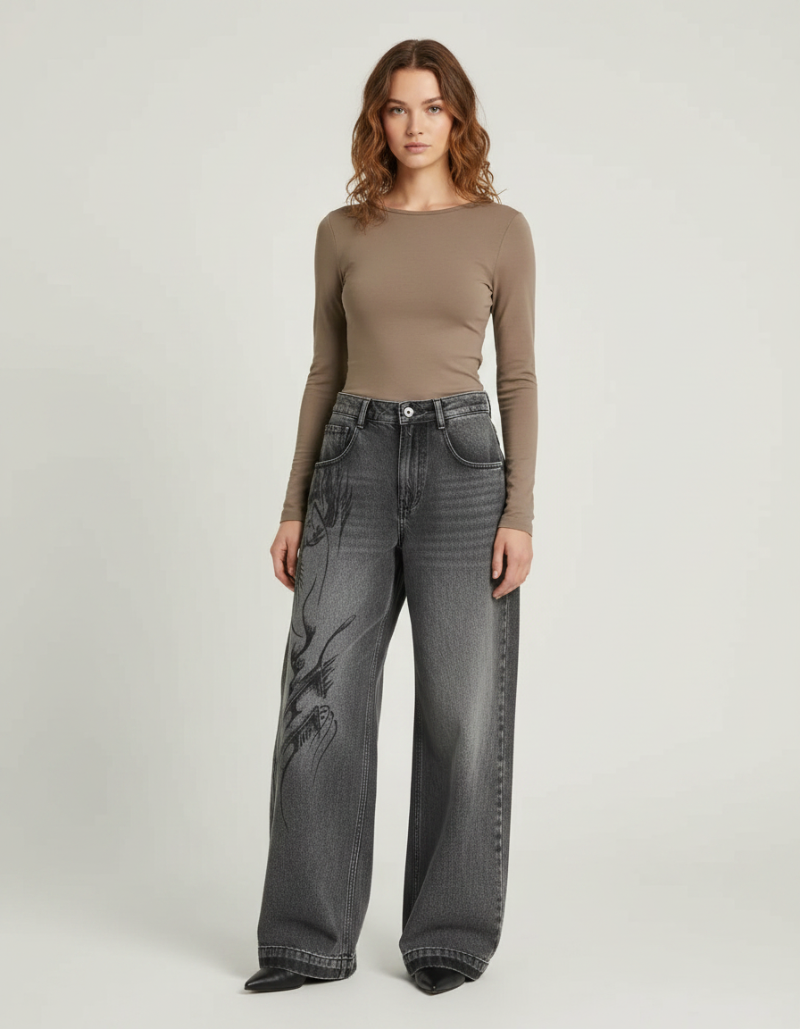 Pantalon Gris Jean Large Délavé Imprimé Gothique Y2K
