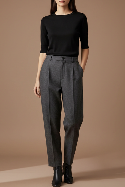 Pantalon Gris Plissé Ample Texturé Élégant Femme - Laine
