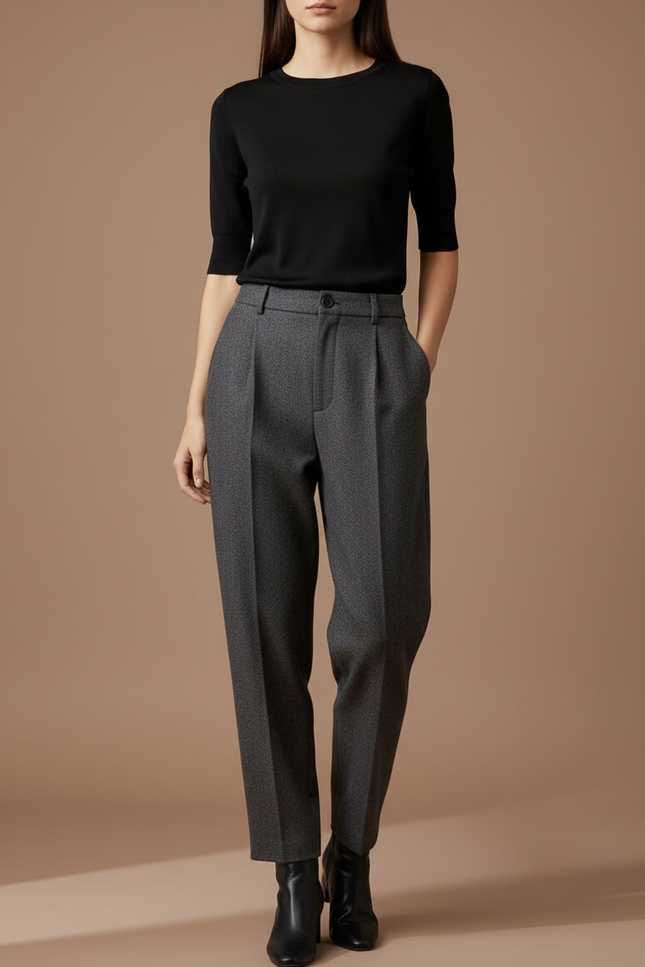 Pantalon Gris Plissé Ample Texturé Élégant Femme - Laine