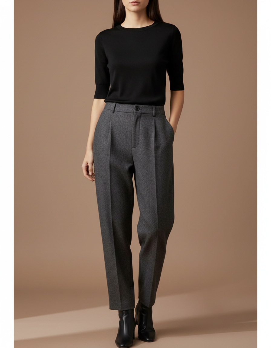 Pantalon Gris Plissé Ample Texturé Élégant Femme - Laine