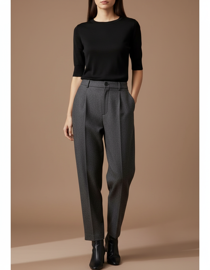 Pantalon Gris Plissé Ample Texturé Élégant Femme - Laine
