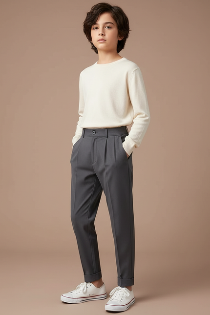 Pantalon Gris Plissé Élégant Décontracté Garçon - Gabardine