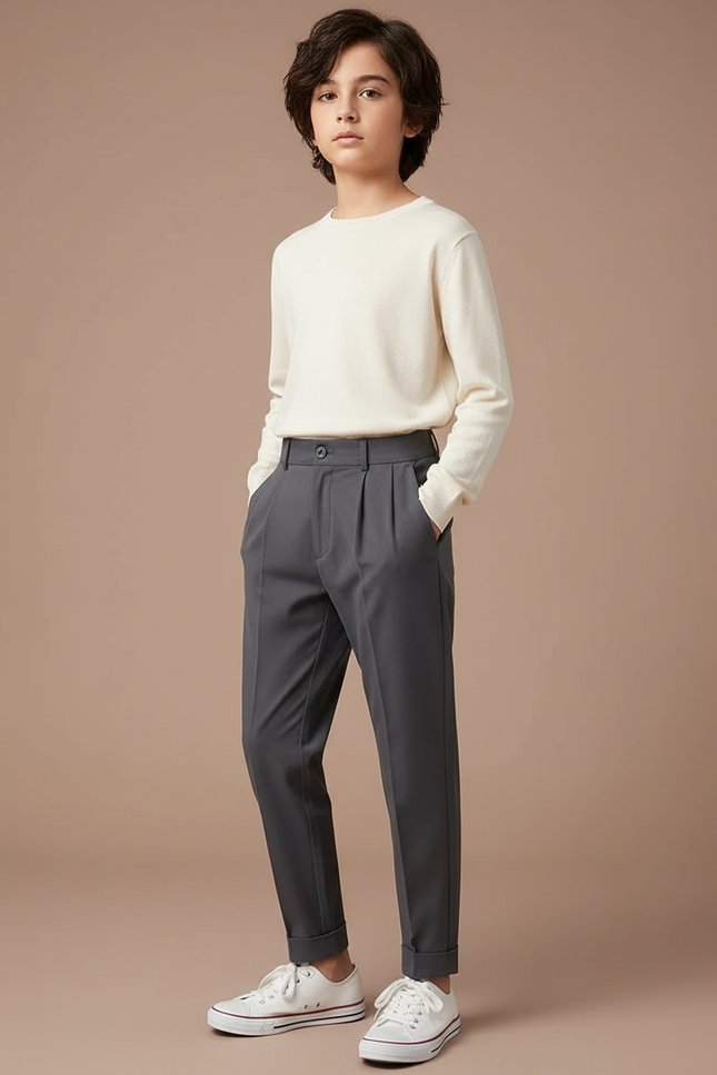 Pantalon Gris Plissé Élégant Décontracté Garçon - Gabardine