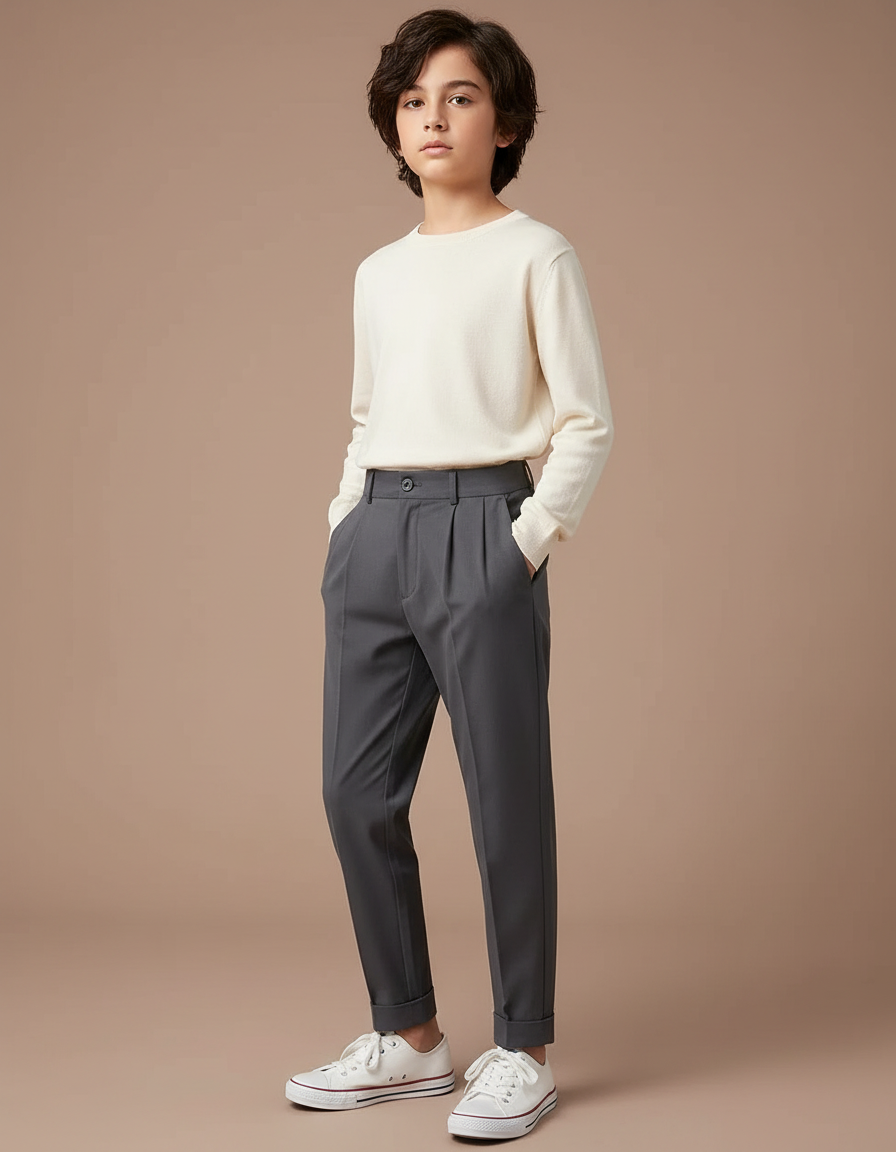 Pantalon Gris Plissé Élégant Décontracté Garçon - Gabardine