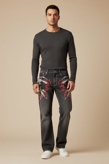 Pantalon Gris Droit Brodé Hip Hop Décontracté Homme - Jean