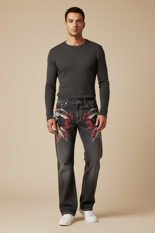 Pantalon Gris Droit Brodé Hip Hop Décontracté Homme - Jean