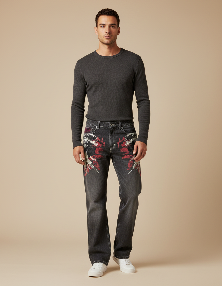 Pantalon Gris Droit Brodé Hip Hop Décontracté Homme - Jean