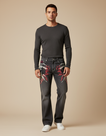 Pantalon Gris Droit Brodé Hip Hop Décontracté Homme - Jean