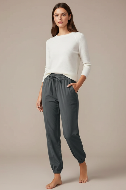 Pantalon Gris Fluide Cordon Chevilles Resserrées Sport Femme - Polyester