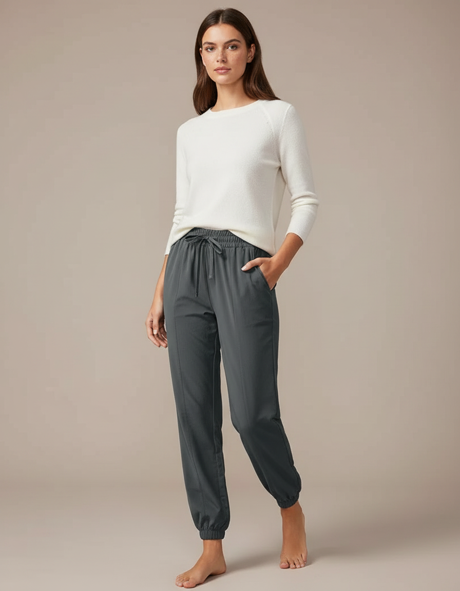 Pantalon Gris Fluide Cordon Chevilles Resserrées Sport Femme - Polyester