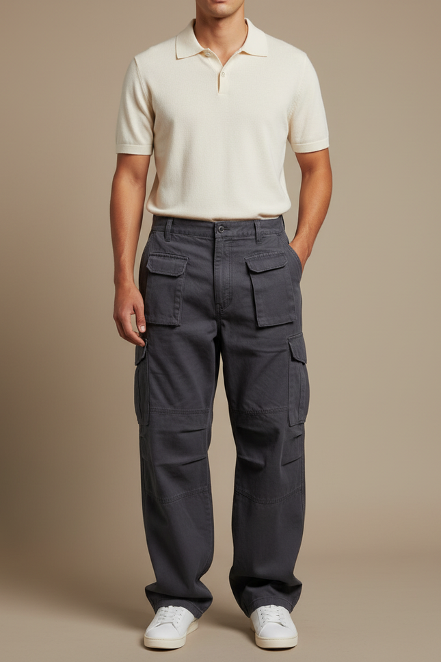 Pantalon Gris Cargo Homme Ample Décontracté Coton - Toile