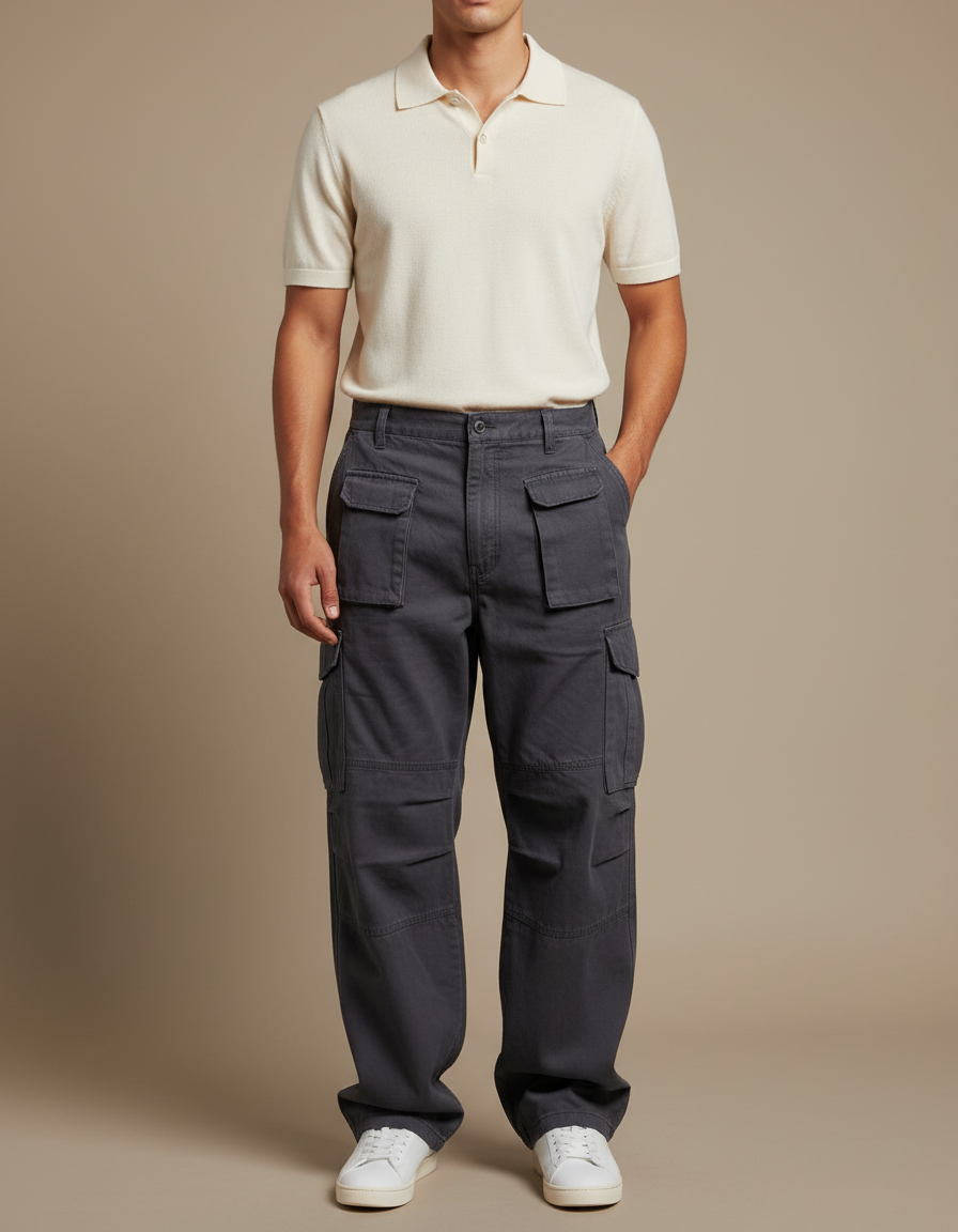 Pantalon Gris Cargo Homme Ample Décontracté Coton - Toile