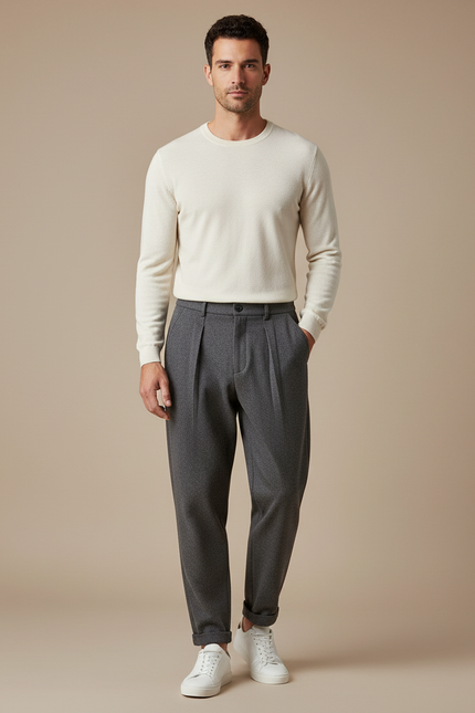 Pantalon Gris Laine Plissé Décontracté Homme