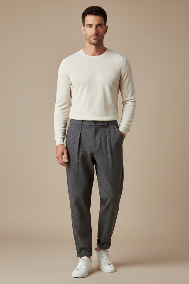 Pantalon Gris Laine Plissé Décontracté Homme