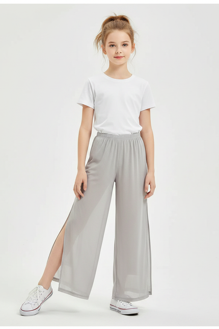 Pantalon Gris Fluide Ample Fendu Léger Fille - Polyester